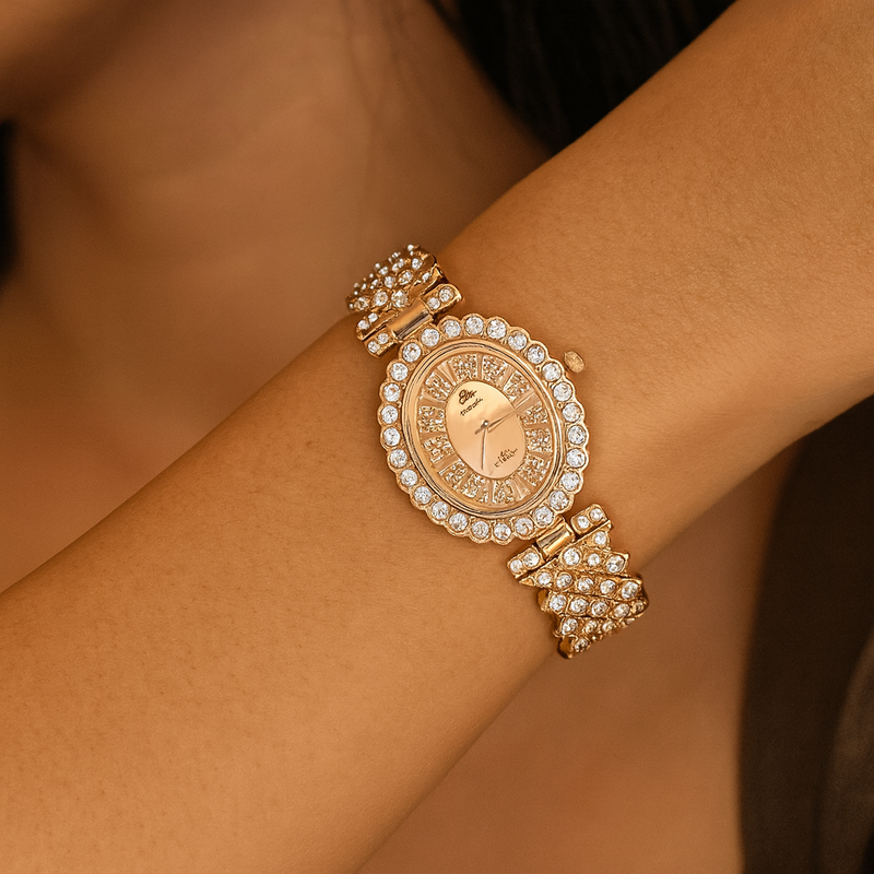 Luxury Rose Gold Diamond Watch – Elegant Crystal-Studded Ladies Timepiece