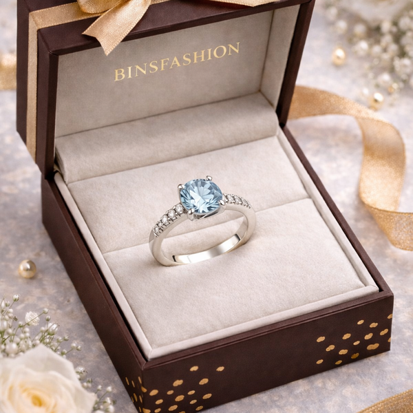 Elegant Silver Blue Solitaire Diamond Ring