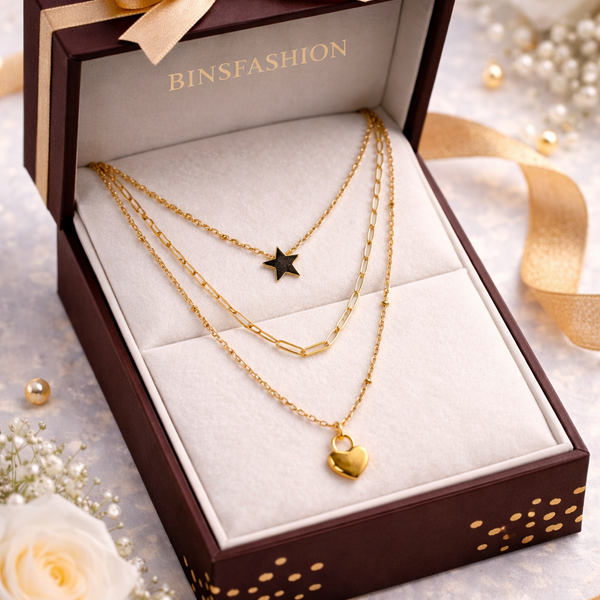 Gold Layered Star & Heart Necklace for Women