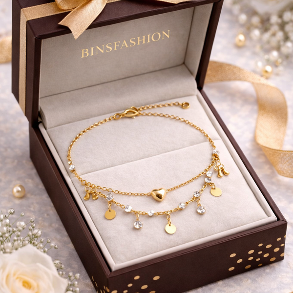 Gold Plated Adjustable Anklet for Women , Heart Charm, Crystal Drops