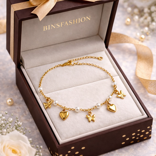 Butterfly & Heart Charm Pearl Anklets