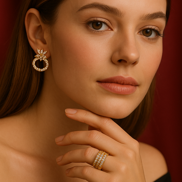 Crystal Bloom Ring & Earring Set – Sparkling Gold-Tone Jewelry Combo