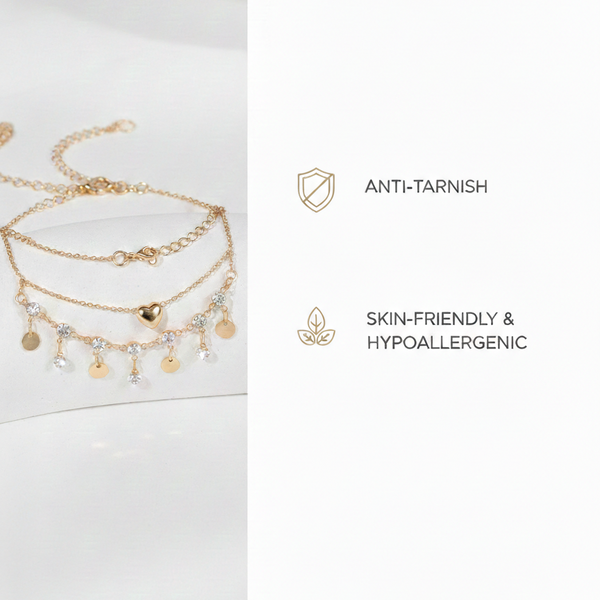 Gold Plated Adjustable Anklet for Women , Heart Charm, Crystal Drops