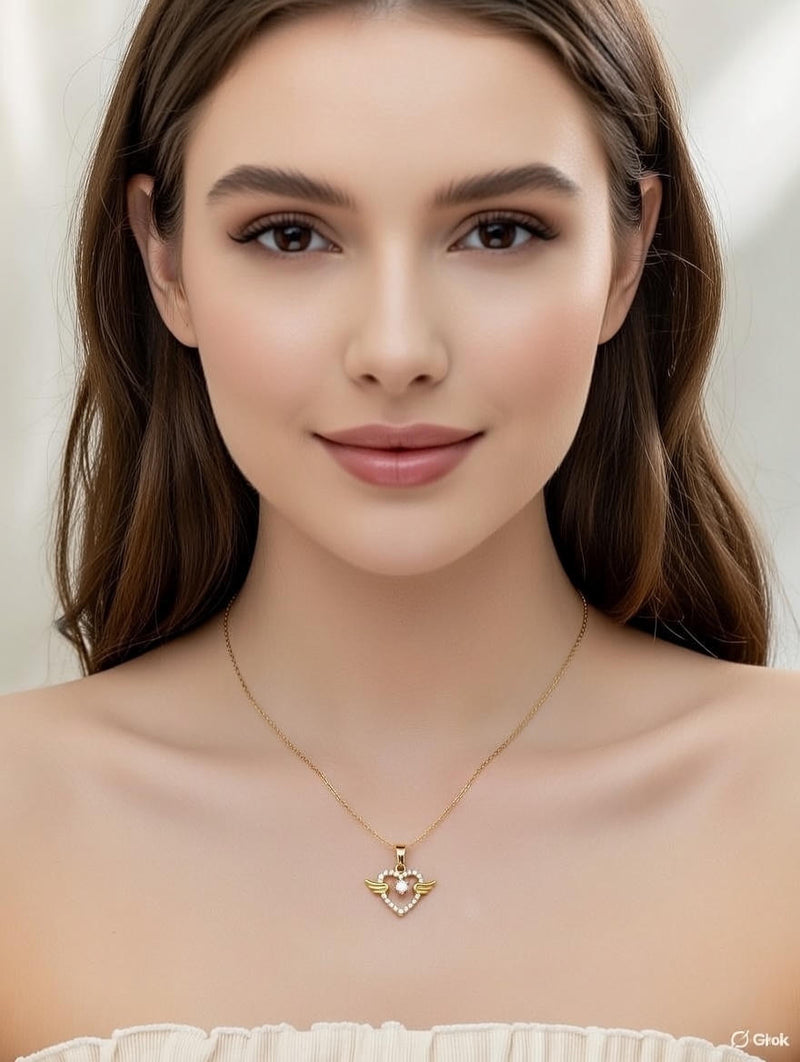 Angel Wing Heart Crystal Pendant Necklace