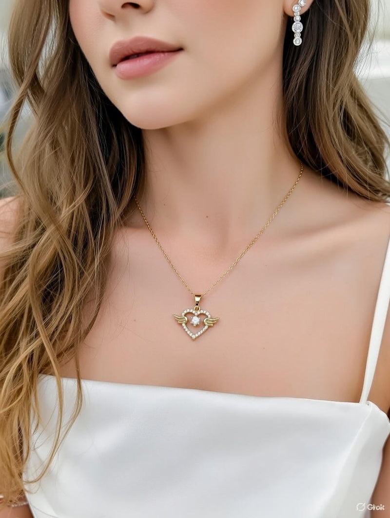 Angel Wing Heart Crystal Pendant Necklace