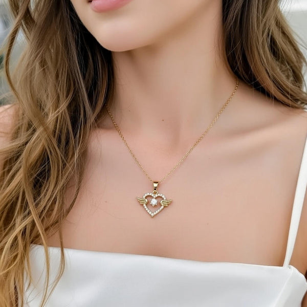 Angel Wing Heart Crystal Pendant Necklace