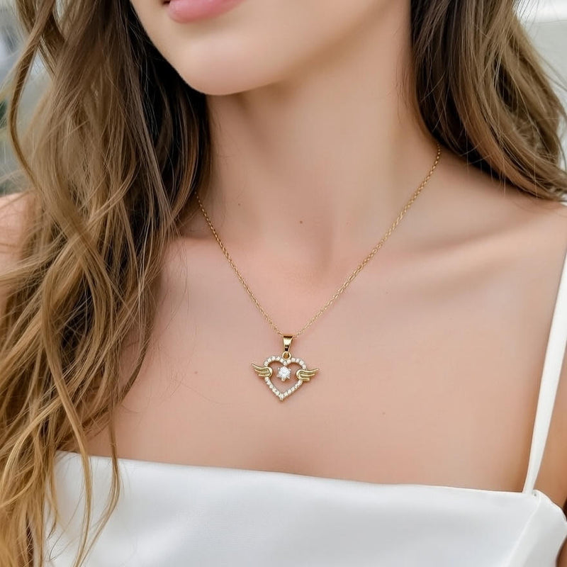 Angel Wing Heart Crystal Pendant Necklace