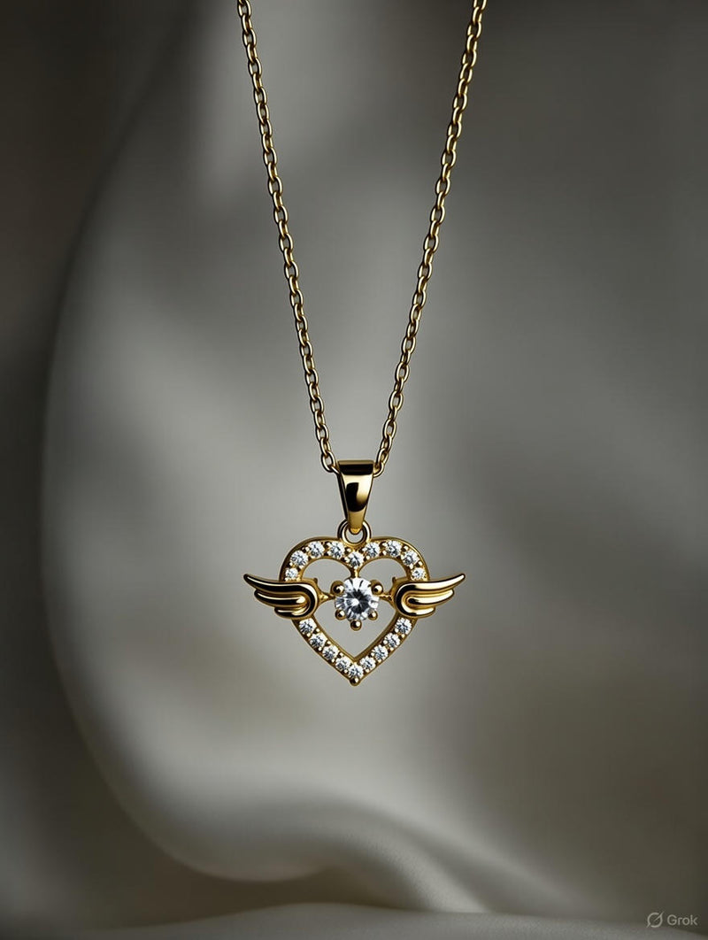 Angel Wing Heart Crystal Pendant Necklace