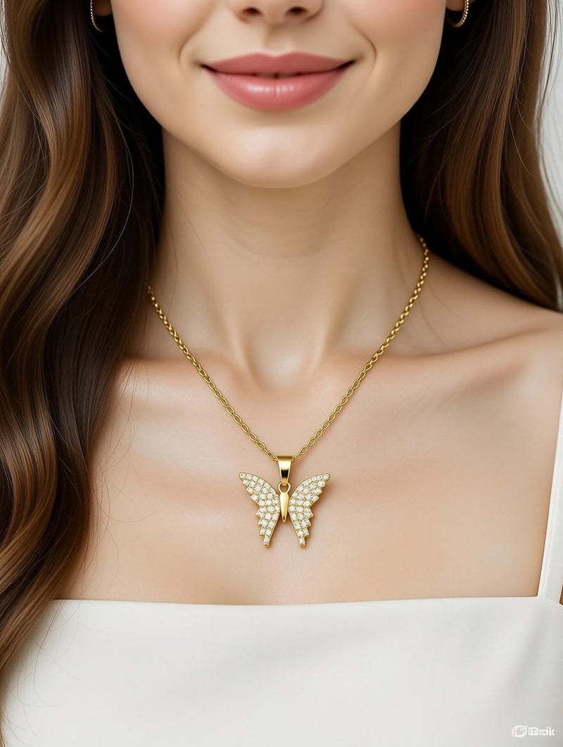 Golden Butterfly Crystal Pendant Necklace