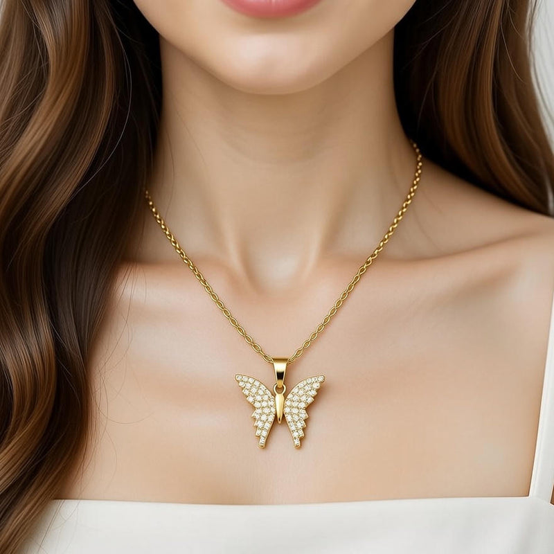 Golden Butterfly Crystal Pendant Necklace