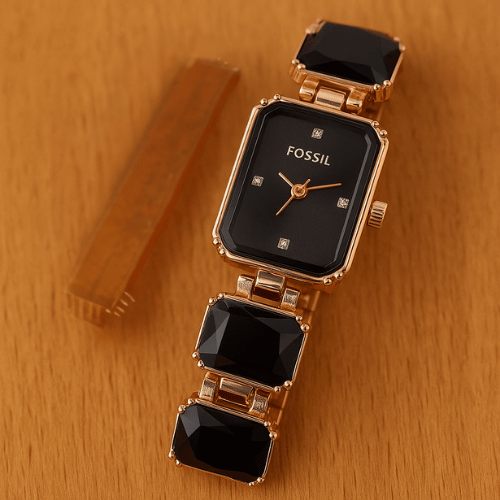 Black Elegance Crystal Combo – Fossil-Inspired Watch & Bracelet Set