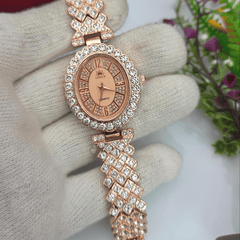 Luxury Rose Gold Diamond Watch – Elegant Crystal-Studded Ladies Timepiece