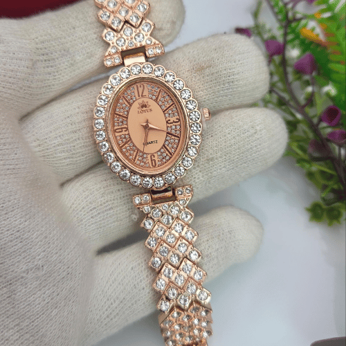 Luxury Rose Gold Diamond Watch – Elegant Crystal-Studded Ladies Timepiece