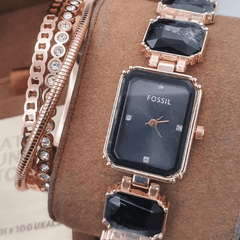 Black Elegance Crystal Combo – Fossil-Inspired Watch & Bracelet Set