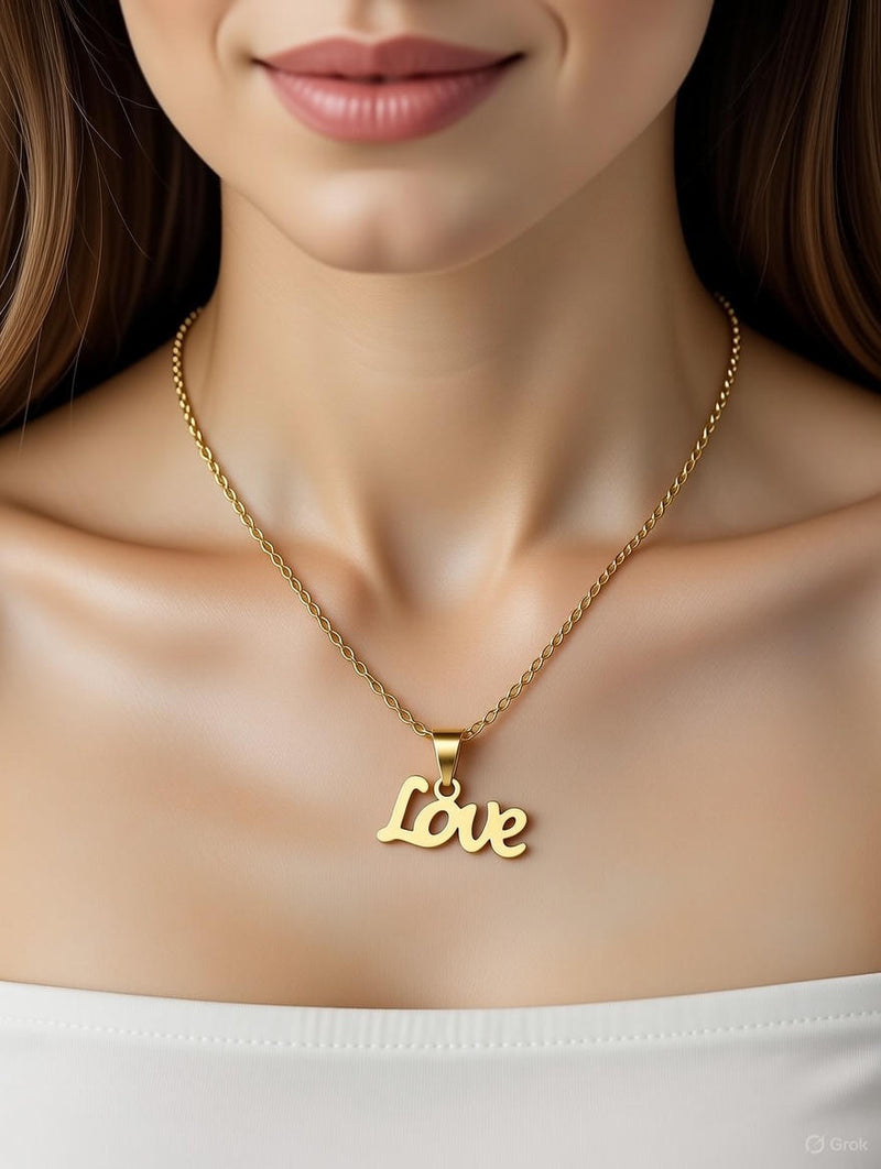 Love Script Pendant Necklace – Elegant Gold-Finish Chain for Women & Girls