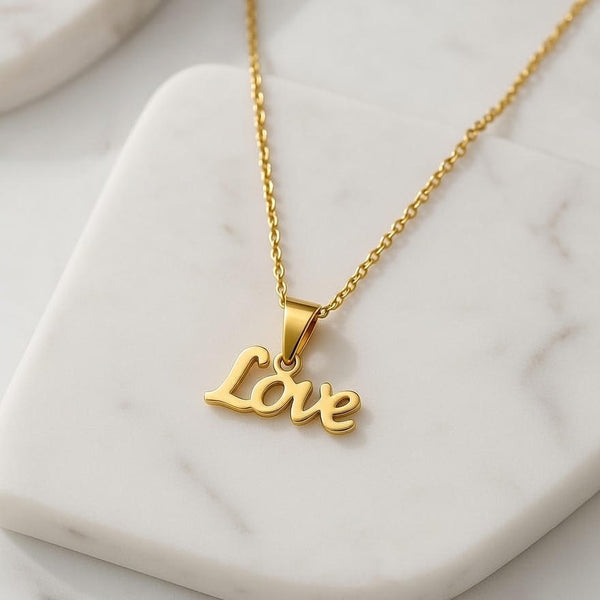Love Script Pendant Necklace – Elegant Gold-Finish Chain for Women & Girls