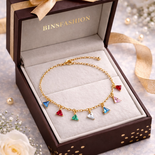 Multicolour Geometric Crystal Charm Bracelet with Premium Gold Finish – Anti-Tarnish