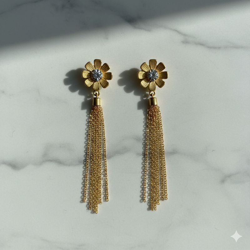 Golden Bloom Tassel Drop Earrings