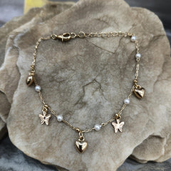 Butterfly & Heart Charm Pearl Anklets