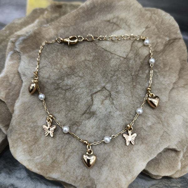 Butterfly & Heart Charm Pearl Anklets