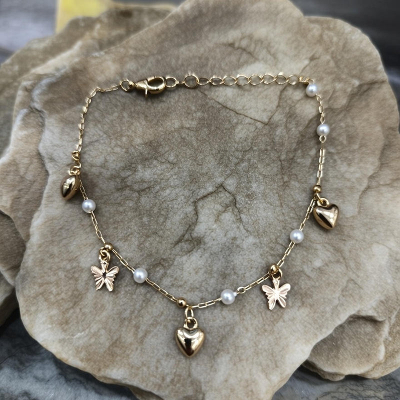 Butterfly & Heart Charm Pearl Anklets