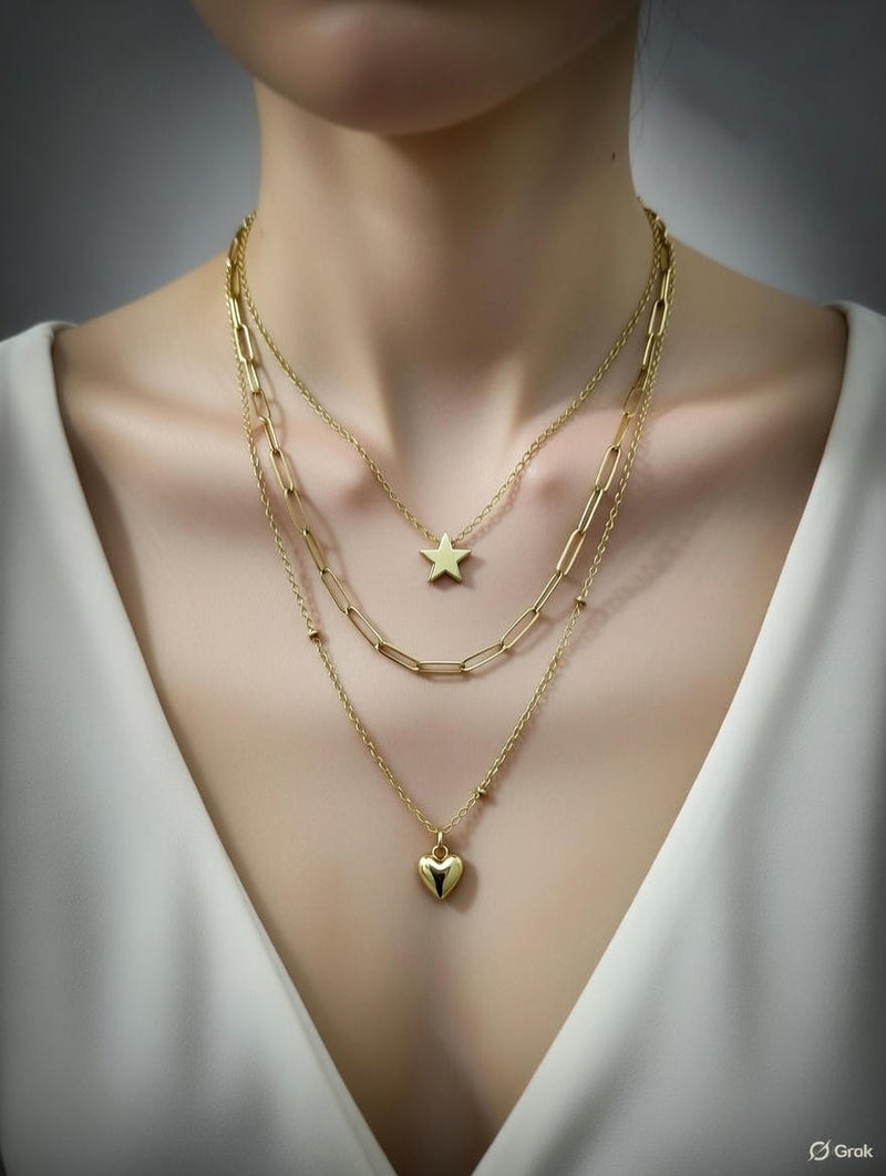 Gold Layered Star & Heart Necklace for Women