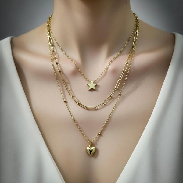 Gold Layered Star & Heart Necklace for Women