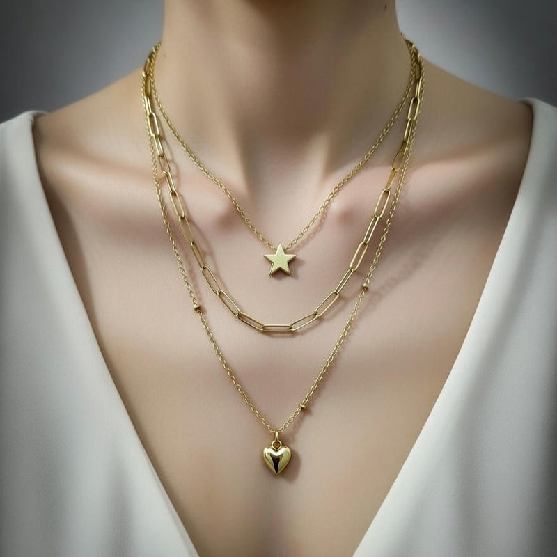 Gold Layered Star & Heart Necklace for Women