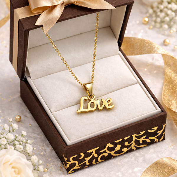 Love Script Pendant Necklace – Elegant Gold-Finish Chain for Women & Girls
