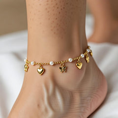 Butterfly & Heart Charm Pearl Anklets