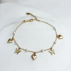 Butterfly & Heart Charm Pearl Anklets