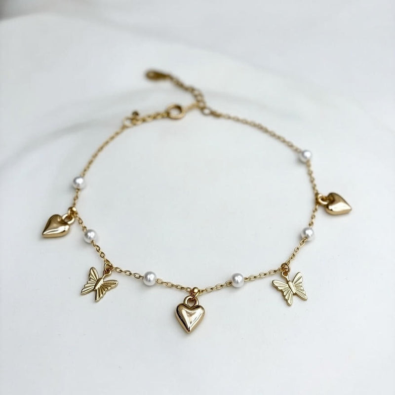 Butterfly & Heart Charm Pearl Anklets
