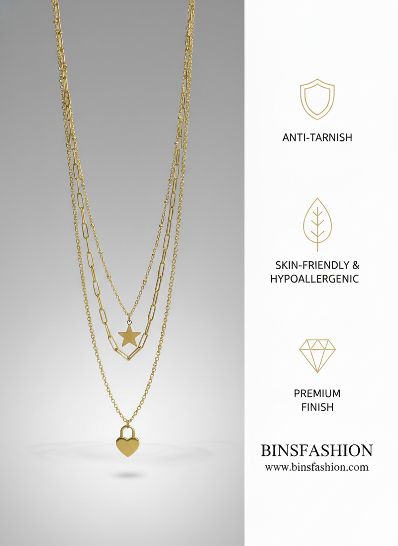 Gold Layered Star & Heart Necklace for Women