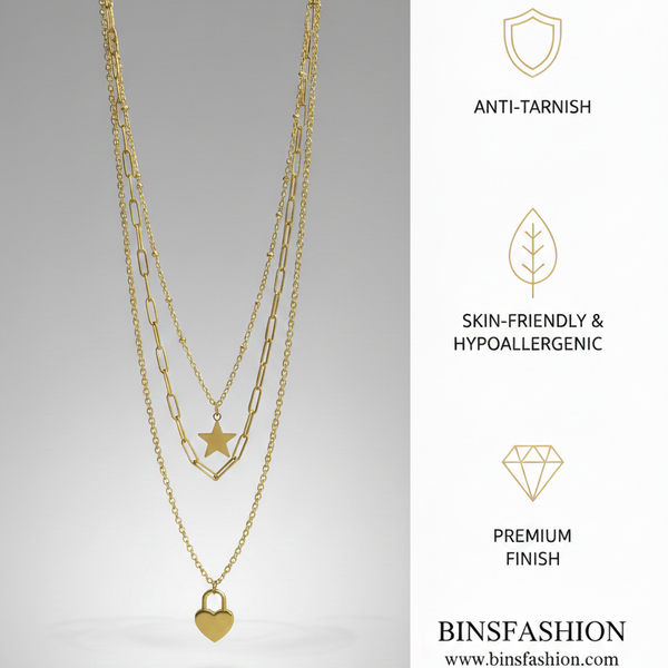 Gold Layered Star & Heart Necklace for Women