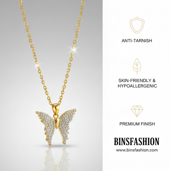 Golden Butterfly Crystal Pendant Necklace