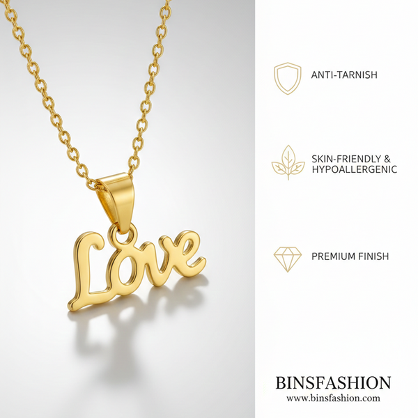 Love Script Pendant Necklace – Elegant Gold-Finish Chain for Women & Girls
