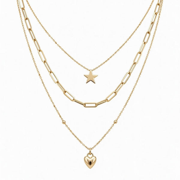Gold Layered Star & Heart Necklace for Women