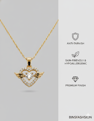 Angel Wing Heart Crystal Pendant Necklace