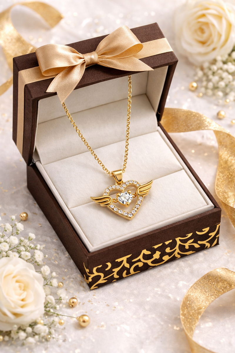 Angel Wing Heart Crystal Pendant Necklace