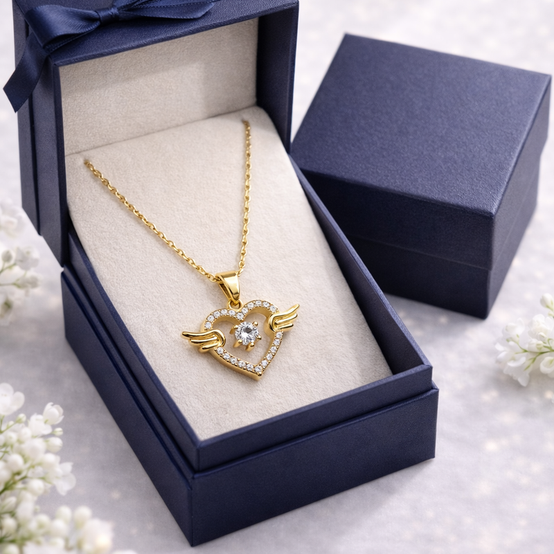 Angel Wing Heart Crystal Pendant Necklace